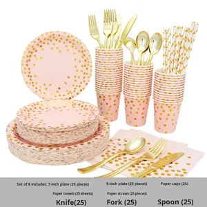 Modern Pink Gold Dot Design Disposable Tableware Set Factory Wholesale Custom Degradable Paper Plates Cup Tableware Sets - Product Image 3