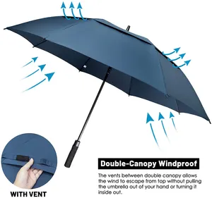 Meilleur parapluie Logo personnalisé en gros grand parapluie coupe-vent ventilé à double auvent Parapluie de golf droit à ouverture automatique avec logo