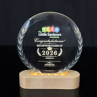 Plaque en cristal ronde personnalisée, trophée en cristal avec base lumineuse en bois MH-LJ0990