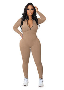 Customized Logo Fashion One Piece <strong>Zip</strong> <strong>up</strong> Plus Size Jumpsuits for Women Solid Sports Fitness <strong>Playsuits</strong> - Product Image 2
