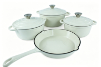 4pcs Set Peralatan Masak Ramah Lingkungan dari Besi Cor Berlapis Enamel Putih yang Tahan Lama dengan Wajan Bundar dan Tiga Dutch Oven
