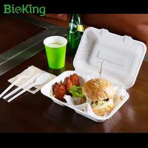 BioKing bagazo de caña de pulpa biodegradable y compostable desechable contenedor de alimentos para llevar de la cubierta