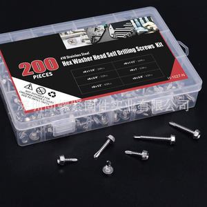 Hex Washer Head Self Drilling Screws Kit 410 Stainless Steel #8 Inch Coarse Thread Metal Applications 200Pcs H-1027-N - Product Image 1