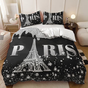 Set Copripiumino Matrimoniale con Stampa Digitale 3D, 3 Pezzi, Motivo a Pois, Rose e Torre Eiffel, 300 Fili - Product Image 4