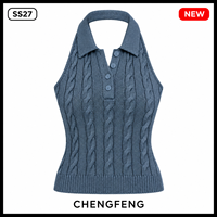 Haut polo sans manches en maille torsadée bleu poussière style preppy pour femme, avec logo personnalisé, fabricant de polos en maille