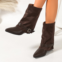 Bottines mi-mollet pour femmes, bottines à bout pointu avec design pliable, sangle décorative à boucle métallique, talon bas, bottes décontractées à la mode pour femmes