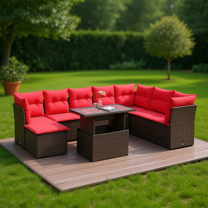 Brown Poly <b>Rattan</b> Garden <b>Sofa</b> Set With Cushions 9 Piece Outdoor Furniture Contemporary Design - Product Image 2