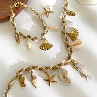 Ensemble collier et bracelet multi-breloques en acier inoxydable avec motifs poisson, étoile de mer et coquillage, bijoux tendance pour femme, idéal pour l'été et la plage