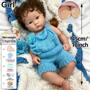 Muñeca <span class=keywords><strong>Reborn</strong></span> de Silicona de Boca Abierta de 18 Pulgadas, Unico, con Cabello Rizado Castaño Enraizado, para Terapia, Compañía, Regalo Navideño - Product Image 3