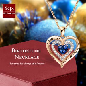 Collar de Oro Rosa con Doble Corazón y Piedra de Nacimiento, Colgante Grabado 'Te Amo para Siempre' con Zafiro Sintético y Circonita Cúbica - Product Image 4