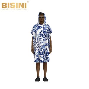 Peignoir de plage à capuche en tissu absorbant 2 en 1 avec motif en porcelaine bleue, logo personnalisé accepté pour les femmes - Product Image 2