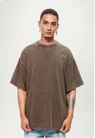 Kaos Katun Heavyweight 260 GSM Distressed Washed Vintage Streetwear Unisex Oversized Tee Acid Wash Retro untuk Pria Wanita