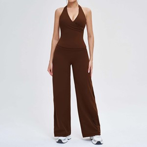 Completo Yoga da Donna in Tessuto Spazzolato: Top Canotta + Pantaloni a Gamba Larga con Apertura sulla Schiena, Abbigliamento Aderente per Yoga, Corsa e Sport all'Aperto - Product Image 2