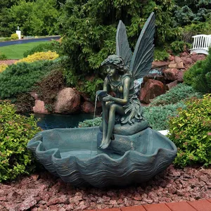 Fonte de água de anjo de bronze com tamanho de vida, decoração de jardim ao ar livre, fonte de água de fadas