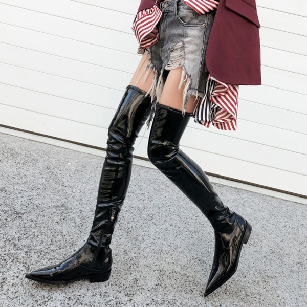 Amazon.com: Bellirala Botas planas de piel de charol con cremallera hasta  la rodilla y media pantorrilla para mujer : Ropa, Zapatos y Joyería