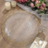 Assiettes de présentation en verre transparent de 13 pouces avec bord festonné doré métallisé pour la décoration de table lors d'événements, usage domestique et professionnel