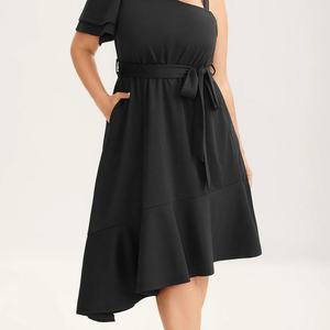 Robe midi élégante pour femme, à manche unique, épaule asymétrique, volant, taille haute, couleur unie, grandes tailles – Offre Spéciale - Product Image 4