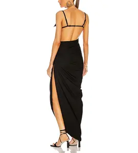 Черное длинное платье-комбинация с открытой спиной, женское платье большого размера, женские платья