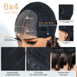 Perruque Courte Synthétique à Dentelle Frontale 6x4, Effet Superposé, Pré-Pluckée, en Fibre Résistante à la Chaleur, avec Dentelle HD - Product Image 5
