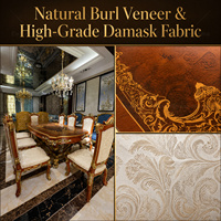 Ensemble de table à manger ovale en marqueterie de bois de luxe classique français, 8 places, bois massif sculpté doré pour salle à manger de villa