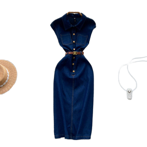 Vestido midi estilo francés casual lavado con cuello camisero y corte en A para picnic de fin de semana en el campus - Product Image 1