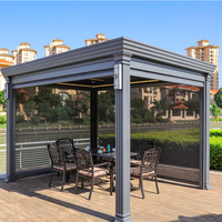 Pergola imperméable et coupe-vent, gazebo, pavillon, moderne, bioclimatique, motorisé, télécommande, aluminium, persiennes en verre