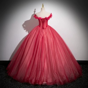 Red Off Shoulder Ball Gown Dress Floral Tulle Skirt Performance Attire Host Vocal Exam Annual Meeting Dress - Product Image 4