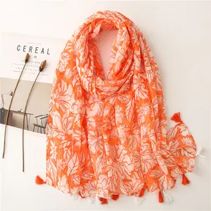 Wholesale 2021 Custom Summer Cotton Voile Headscarf Wrap Bright Orange Flower Floral Printed Hijabs Scarf With Sequins