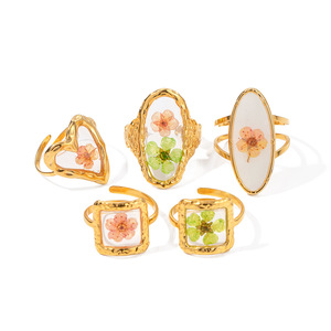 แหวนสแตนเลสสตีลรูปทรงเรขาคณิตวงรีประดับดอกไม้แห้ง ชุดแหวนแฟชั่นสำหรับผู้หญิง ของขวัญเครื่องประดับ - Product Image 5