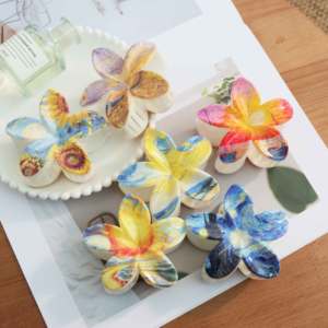 Pince à cheveux 8 cm motif fleur <span class=keywords><strong>de</strong></span> frangipanier Van Gogh, peinture à l'huile, imprimé <span class=keywords><strong>Nuit</strong></span> étoilée, accessoire capillaire vintage HQ - Product Image 2