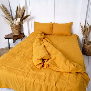 Juego de Funda de Edredón de Lino Amarillo Sólido de 3 Piezas, Ropa de Cama de Lino Relajante para el Hogar - Product Image 1