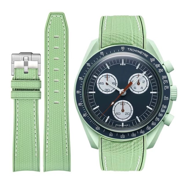 Curved End Woven Rubber Watch Strap With Stitches for Omega X Swatch Speedmaster Moonswatch 20mm Watch Band