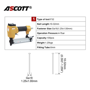 Cloueuse <span class=keywords><strong>pneumatique</strong></span> ASCOTT F32 18GA pour l'assemblage de meubles et d'armoires en bois, cloueuse à clous de 10 à 32 mm, corps en aluminium, chargeur de 100 clous - Product Image 2