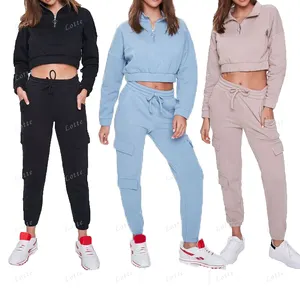 Women Crop Top Half Zipper Hoodie And Sweatpants Women Cotton Cropped Hoodie Sets 2 Piece Pants Set