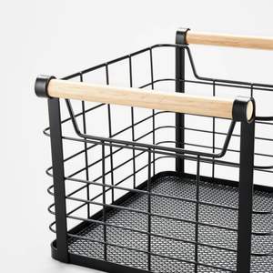 Panier de rangement en métal avec poignées en bois naturel, petite caisse à lait en fer - Product Image 2