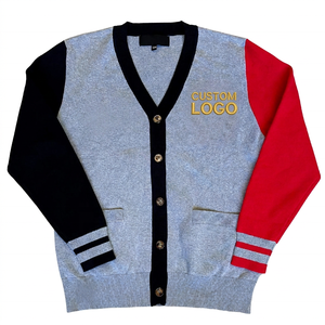 Cardigan en tricot à col en V pour femme, à blocs de couleur, manches longues, décontracté, boutonné, avec logo personnalisé - Product Image 1