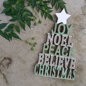 Ornements de Noël en bois en forme de lettres, blancs et verts, avec paillettes, pour décoration d'arbre, style minimaliste, décoration de maison - Product Image 1