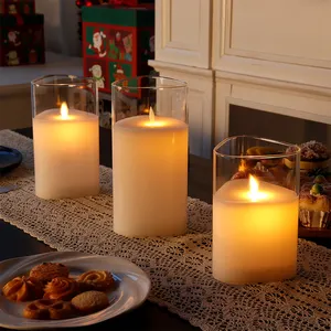 一套3个真蜡蜡烛发光玻璃三角无焰蜡烛，用于圣诞节和其他派对装饰