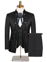 Setelan Tuxedo Pria Jacquard Putih 3 Potong Kerah Mandarin Kancing Logam Jas Pengantin Slim Fit Blazer Rompi Celana Setelan Pria