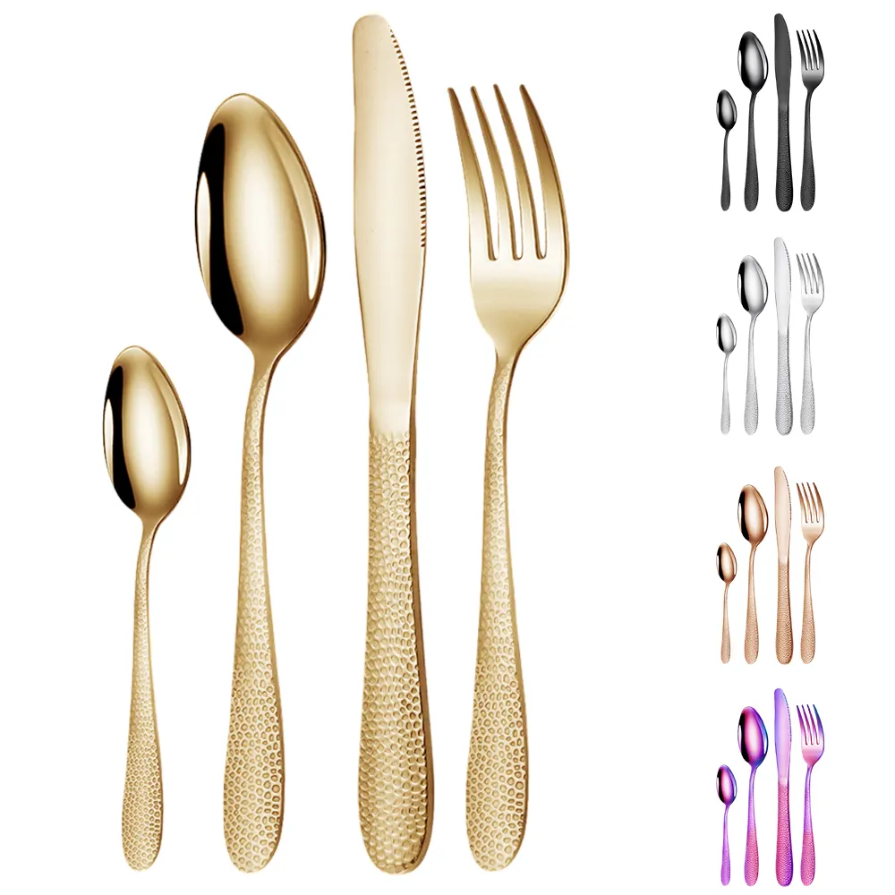 GEMEI 24pcs Set d'argenterie martelée en or Couteaux polis miroir Fourchettes Cuillères Vaisselle en métal Couverts pour 6