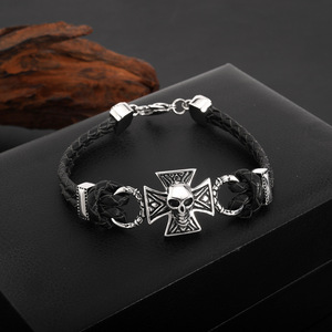 Cross <b>Leather</b> <b>Bracelet</b> For Men Skull Pendant Black Braided Woven Jewelry Everyday Wear - Product Image 1
