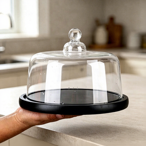 <span class=keywords><strong>Cloche</strong></span> <span class=keywords><strong>en</strong></span> <span class=keywords><strong>verre</strong></span> transparente avec plateau rond noir, couvercle alimentaire pour la présentation de gâteaux, fromages, fruits, décoration - Product Image 1