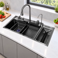 Évier de cuisine intelligent multifonctionnel en acier inoxydable fait main, grand bac unique, design moderne, avec robinet, à effet cascade style touches de piano