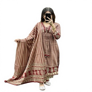 Conjunto de Kurta Anarkali de 3 Piezas para Mujer, Estampado Floral, Algodón Oxford, Cuello en V, Manga Tres Cuartos, Elástico, Ropa Formal para Fiesta - Product Image 1