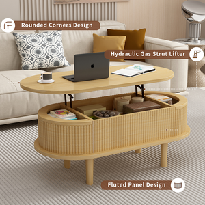 Modern Fluted Lift Top Coffee <b>Table</b> Hidden Compartment Wood Construction Adjustable Height Portable Design for Hotel Home Living - Product Image 4