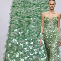 Tissu en maille brodé de paillettes et de plumes 3D, tissu de tulle de luxe pour robe de soirée haute couture, robe de mariée