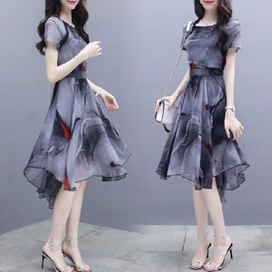 Nouvelle Robe d'été pour Femme à Manches Courtes, Style Coréen, Effet Amincissant, Imprimée, Col Rond, en Mousseline de Soie Fluide - Product Image 6