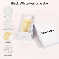 Boîte cadeau de parfum personnalisée noire et blanche, deux pièces, couvercle et base, papier texturé, logo en relief, emballage d'échantillon, OEM