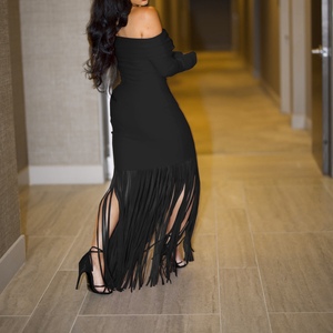 Robe de soirée élégante et sexy pour femme, à épaules dénudées, ajustée, avec franges et pompons, manches longues, bustier, style cache-cœur, tendance - Product Image 2