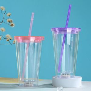 Gobelet lumineux créatif de 16 oz à LED, double paroi, en plastique transparent coloré, avec paille intégrée, pour la rentrée scolaire - Product Image 1